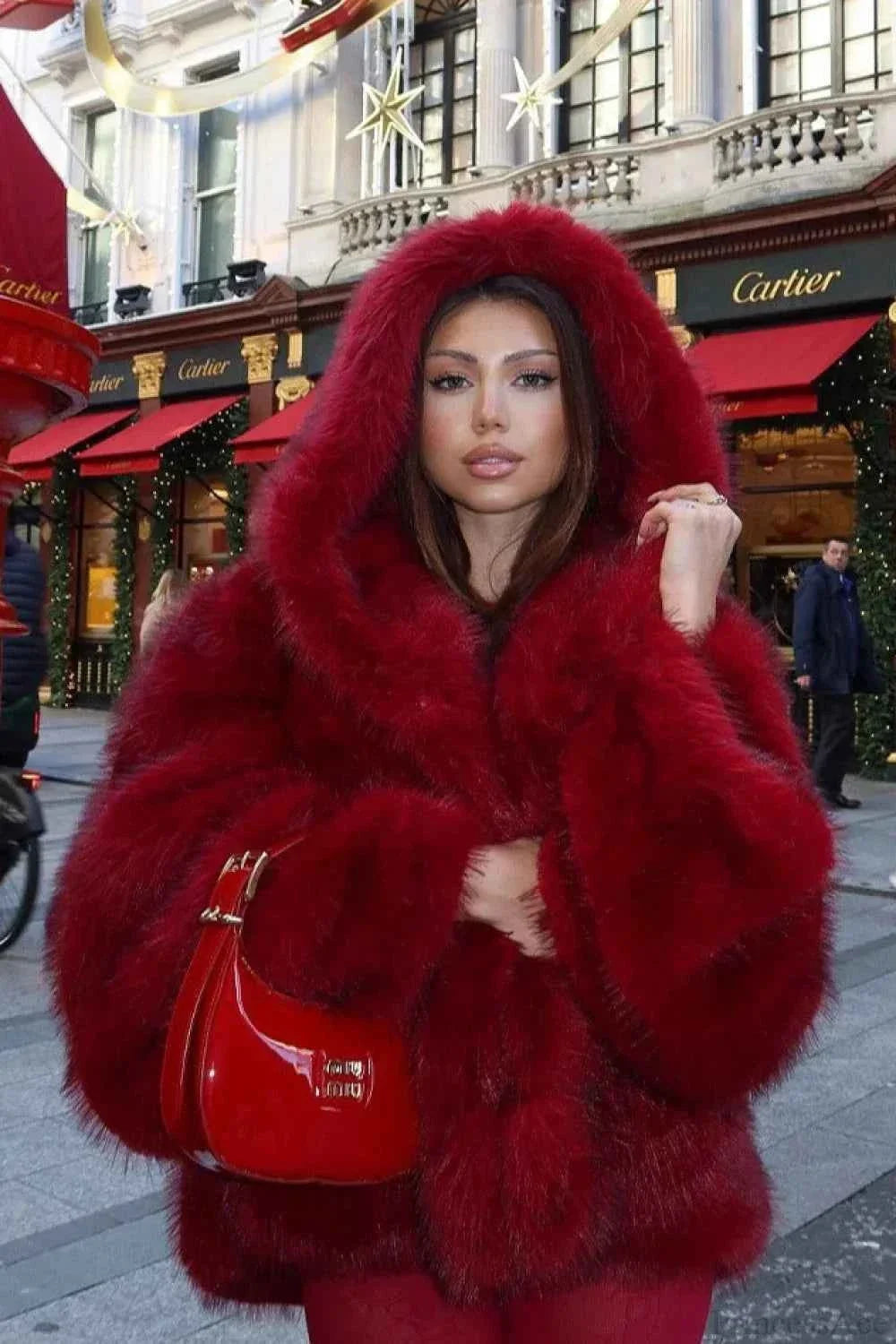Faux Fur Hooded Coat with Cropped Length and Soft Pile