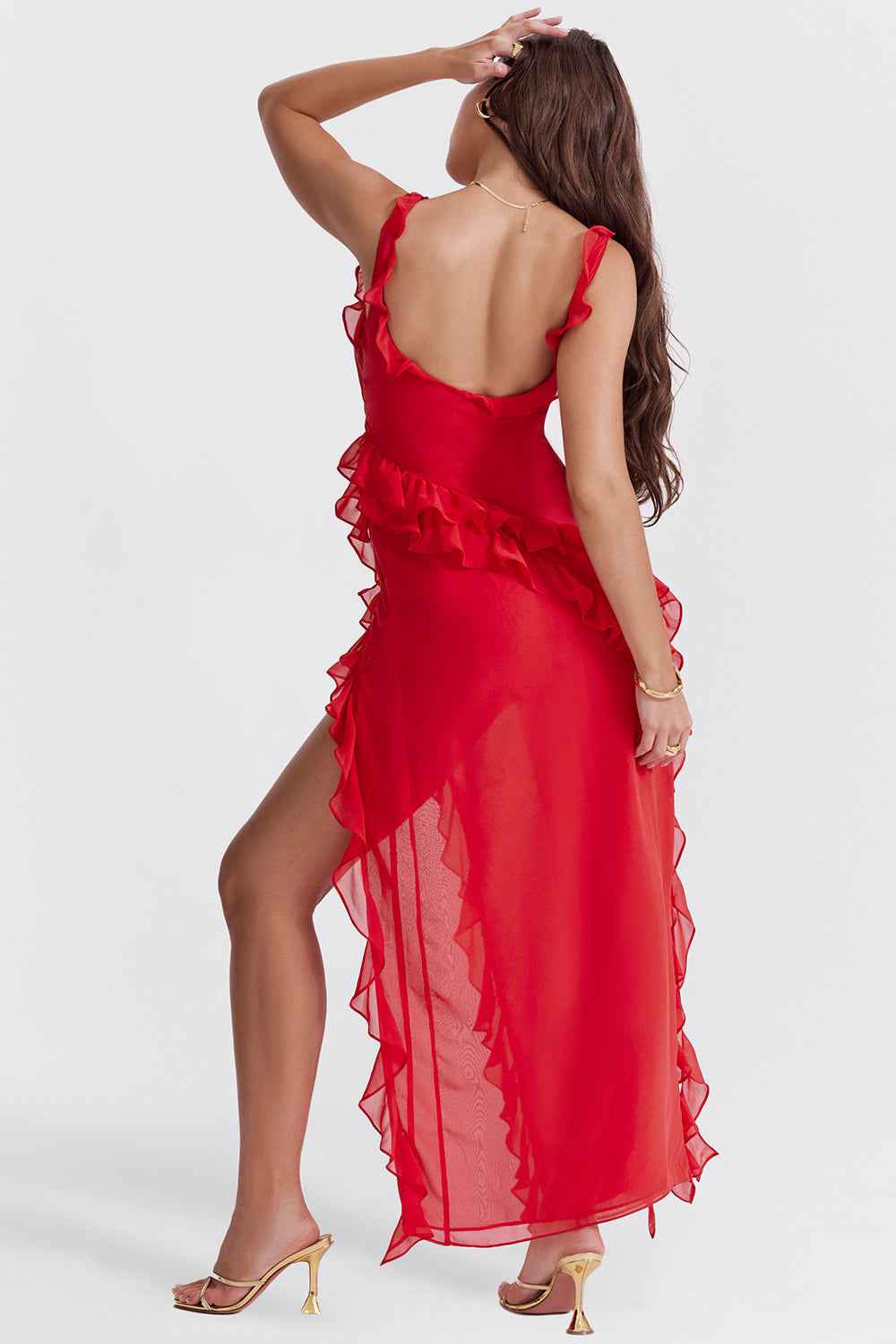 Draped Waterfall Neck Maxi Dress with Ruffles and Split