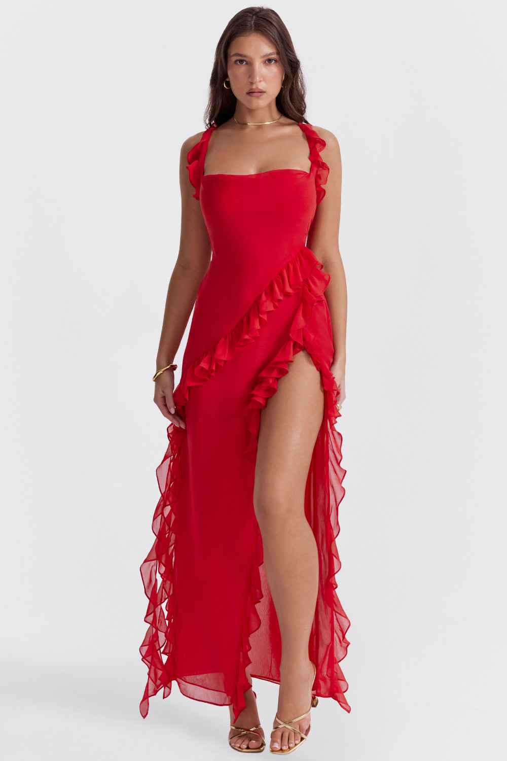 Maxi-jurk met gedrapeerde watervalhals, ruches en split