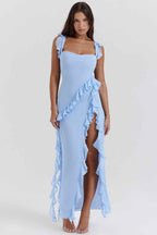 Draped Waterfall Neck Maxi Dress with Ruffles and Split