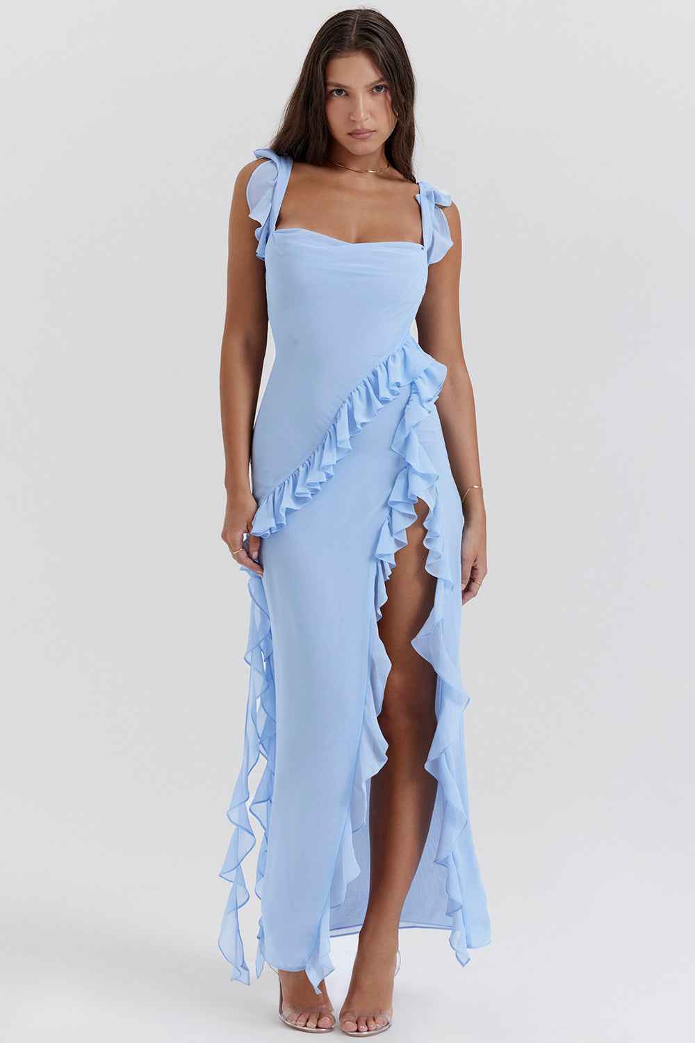 Maxi-jurk met gedrapeerde watervalhals, ruches en split
