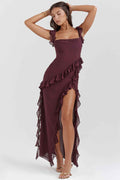 Draped Waterfall Neck Maxi Dress with Ruffles and Split