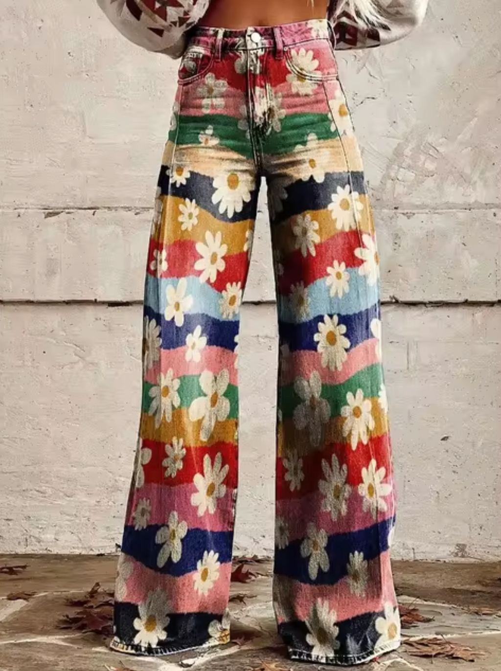 Broek met print, wijde pijpen, hoge taille en retro uitstraling