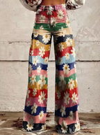 Broek met print, wijde pijpen, hoge taille en retro uitstraling