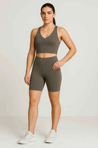 Cropped V Neck Top and High Waist Leggings Two Piece Set