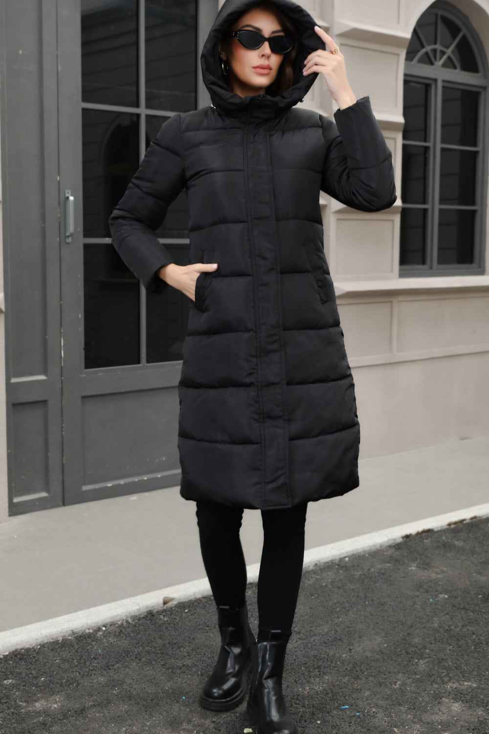 Hooded Longline Padded Jacket with Concealed Button Front