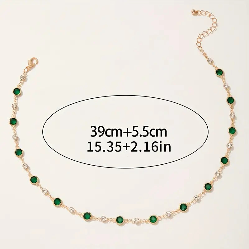 Green Stone Station Chain Necklace in Gold Tone