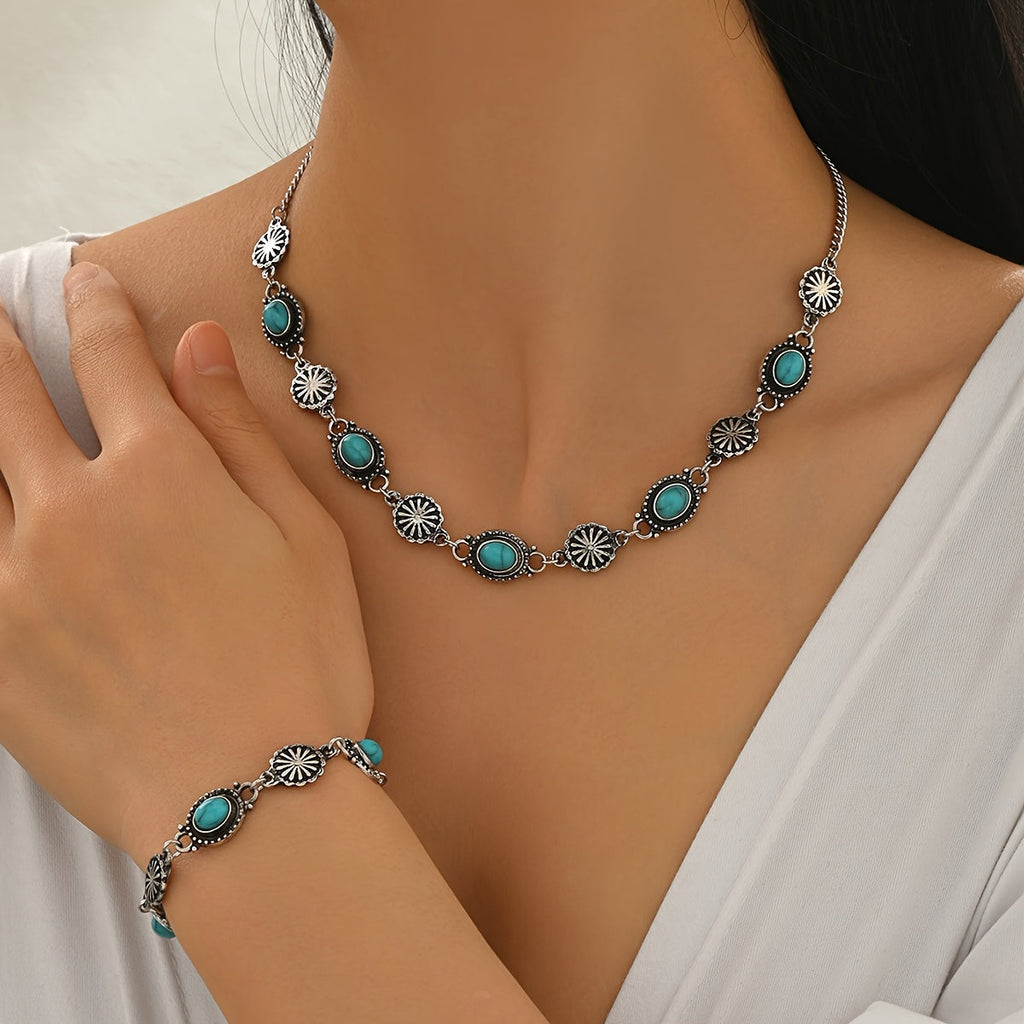Bohemian Turquoise Floral Necklace and Bracelet Set