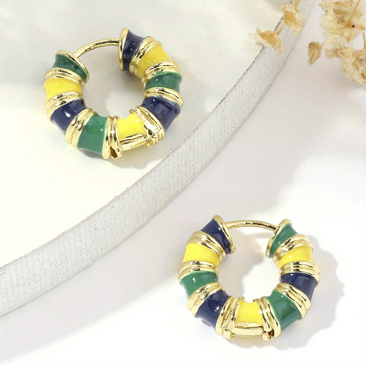 Vintage-Style Enamel Huggie Hoop Earrings with Gold-Tone Accents