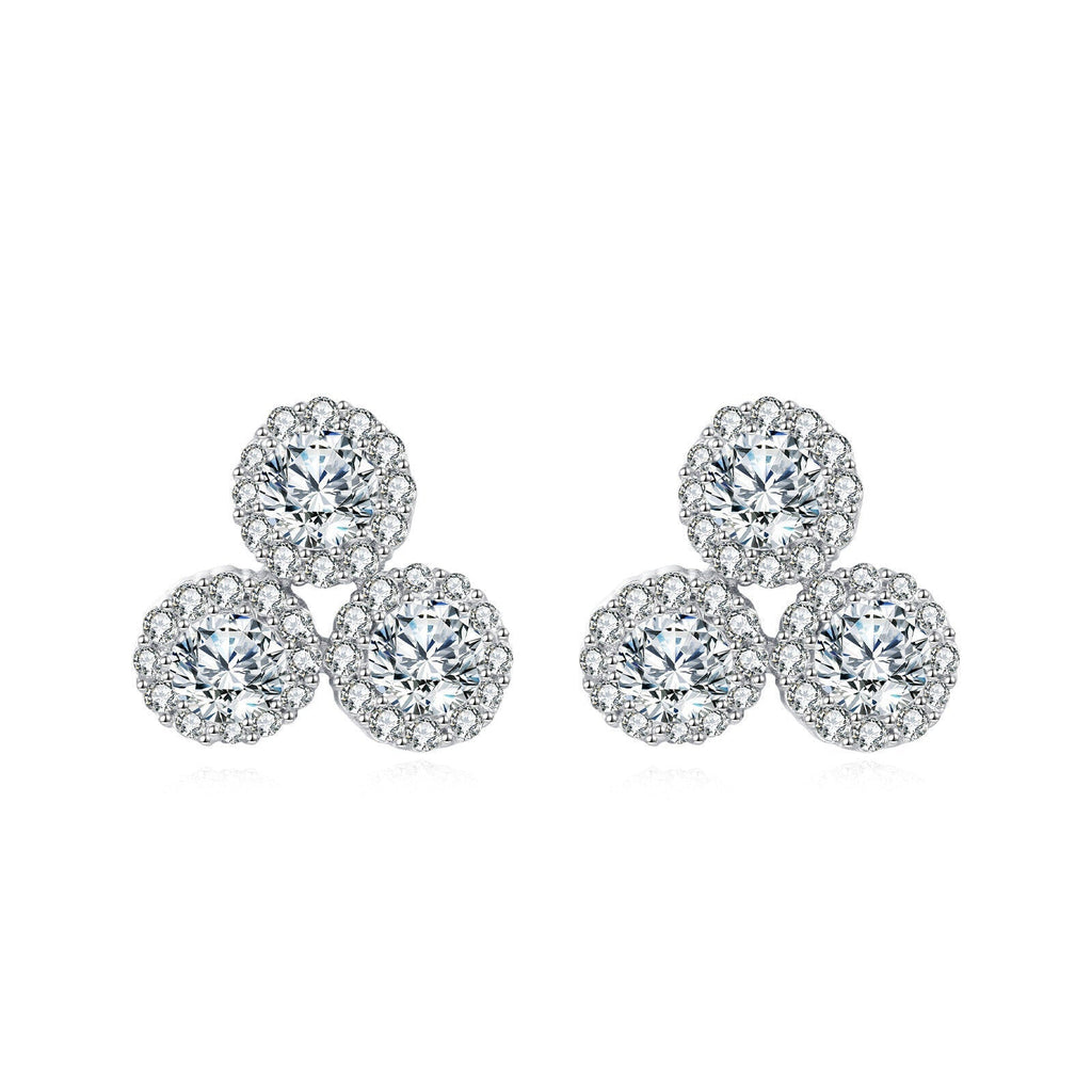 925 Sterling Silver Triple Moissanite Cluster Earrings, White Gold Plated