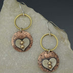 Rustic Textured Mixed-Metal Circle and Heart Dangle Earrings