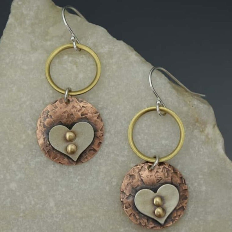 Rustic Textured Mixed-Metal Circle and Heart Dangle Earrings