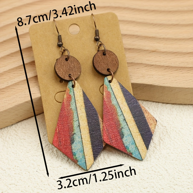 Bohemian Striped Wooden Inlay Drop Earrings