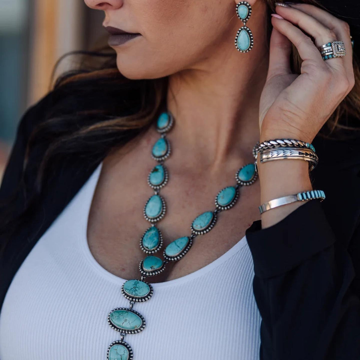 Vintage statementketting en oorbellen met turkoois