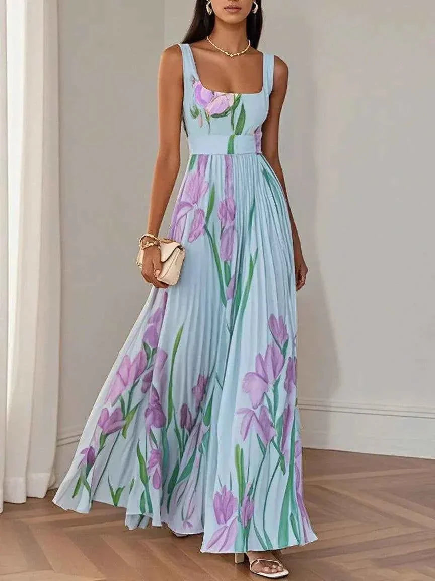 Geplooide chiffon maxi-jurk met vierkante hals en A-lijn rok
