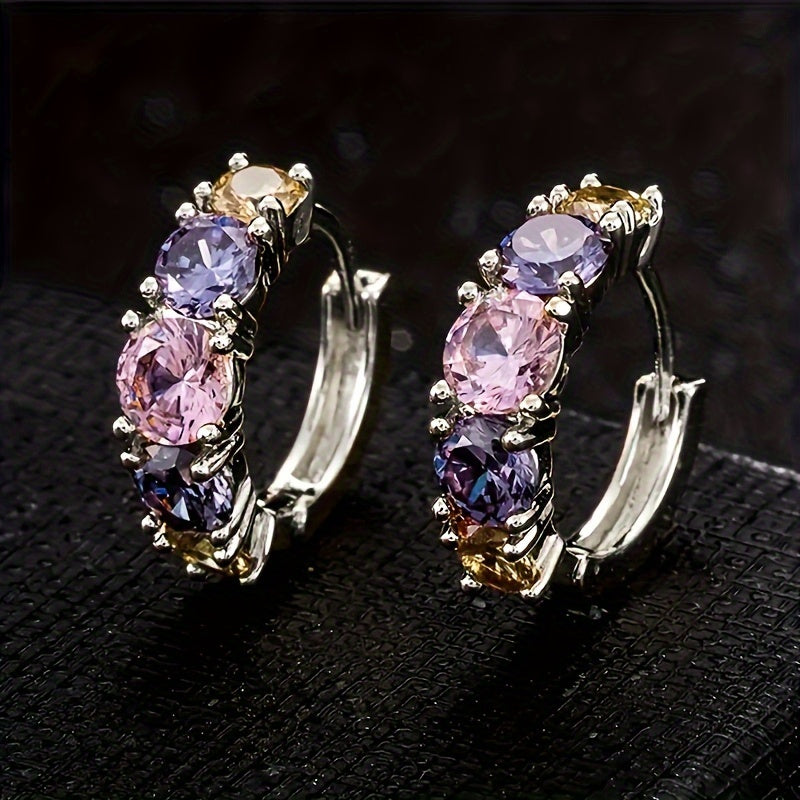 Vintage-Style Purple Zirconia Cluster Hoop Earrings