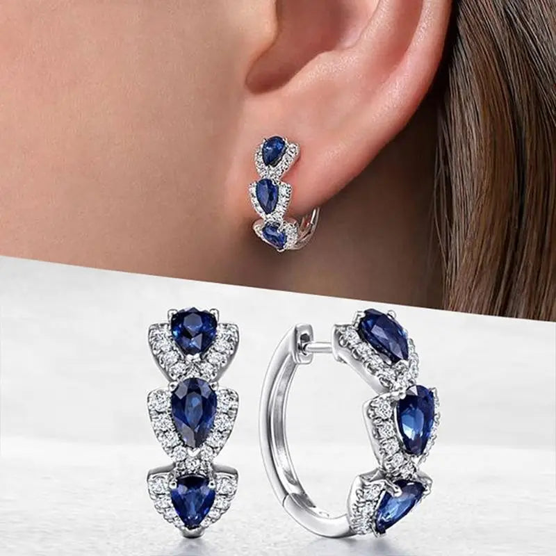 Sapphire-Look Crest Earrings in White Gold Tone