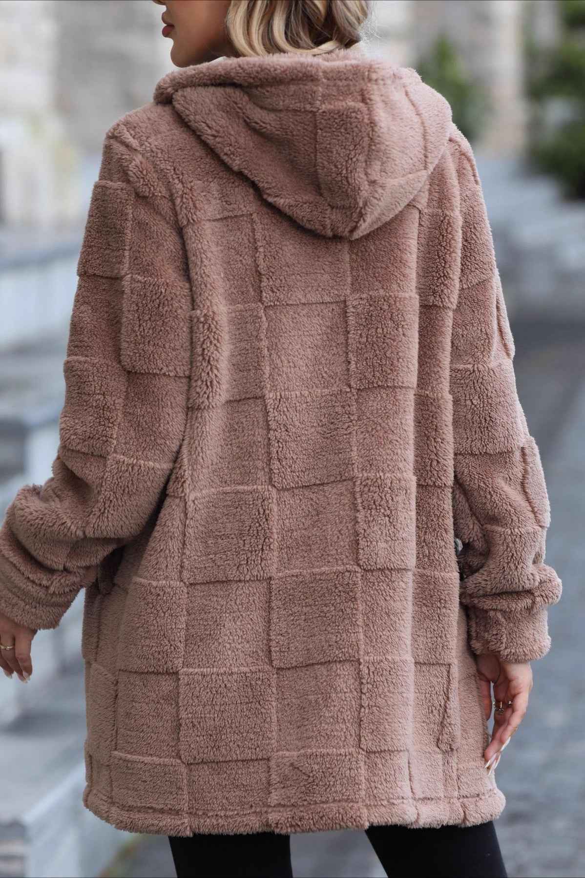 Hooded Zip Through Cardigan Coat with Patchwork Detailing