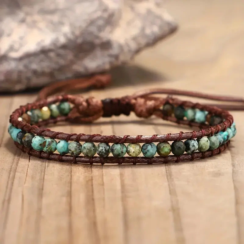 Turquoise Stone Bracelet Braided on Brown Cord