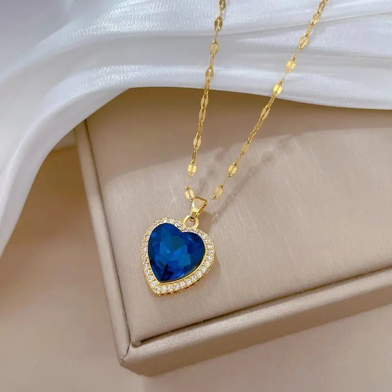 Blue Heart Stone Pendant Necklace in Gold Tone