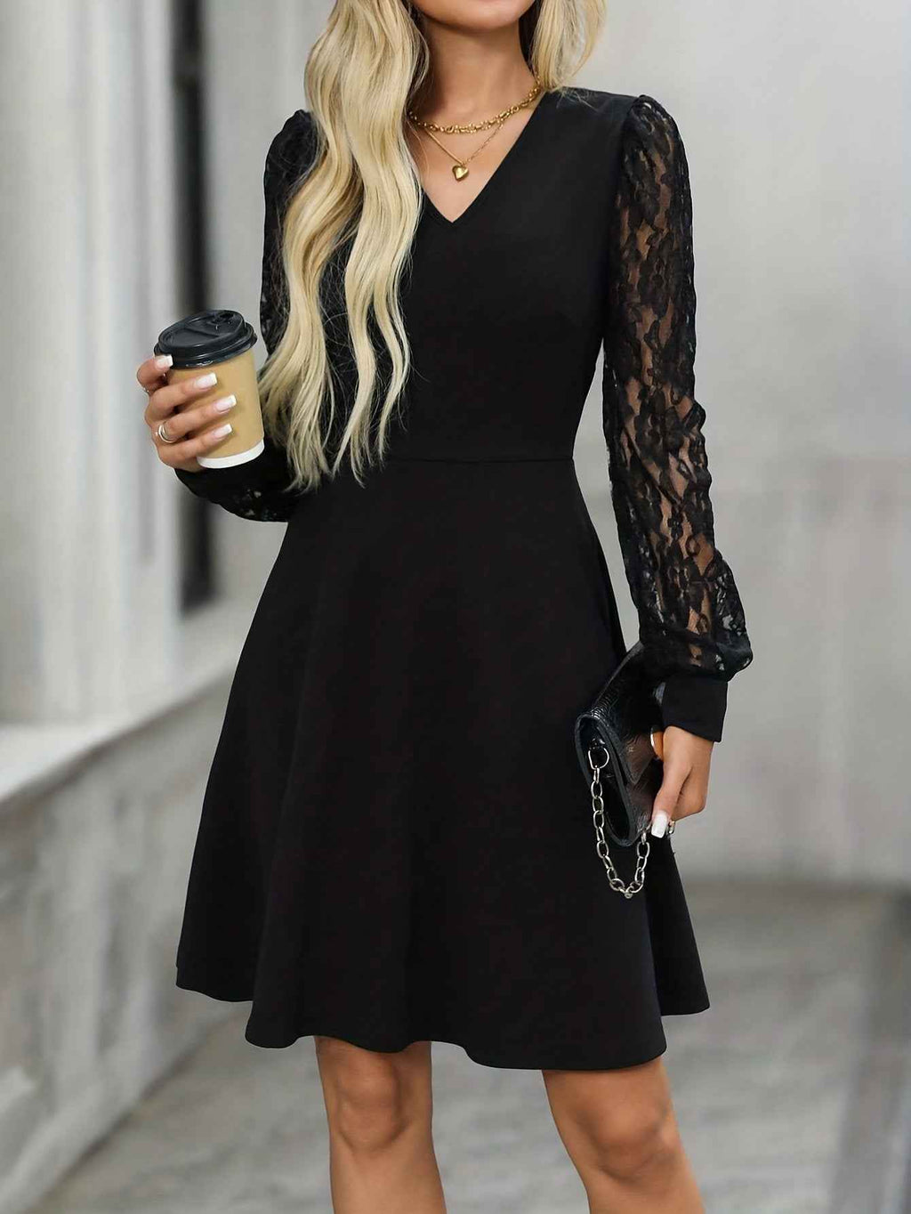Lace Sleeve Midi Dress with Slim Belt and Flared Skirt