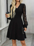 Lace Sleeve Midi Dress with Slim Belt and Flared Skirt