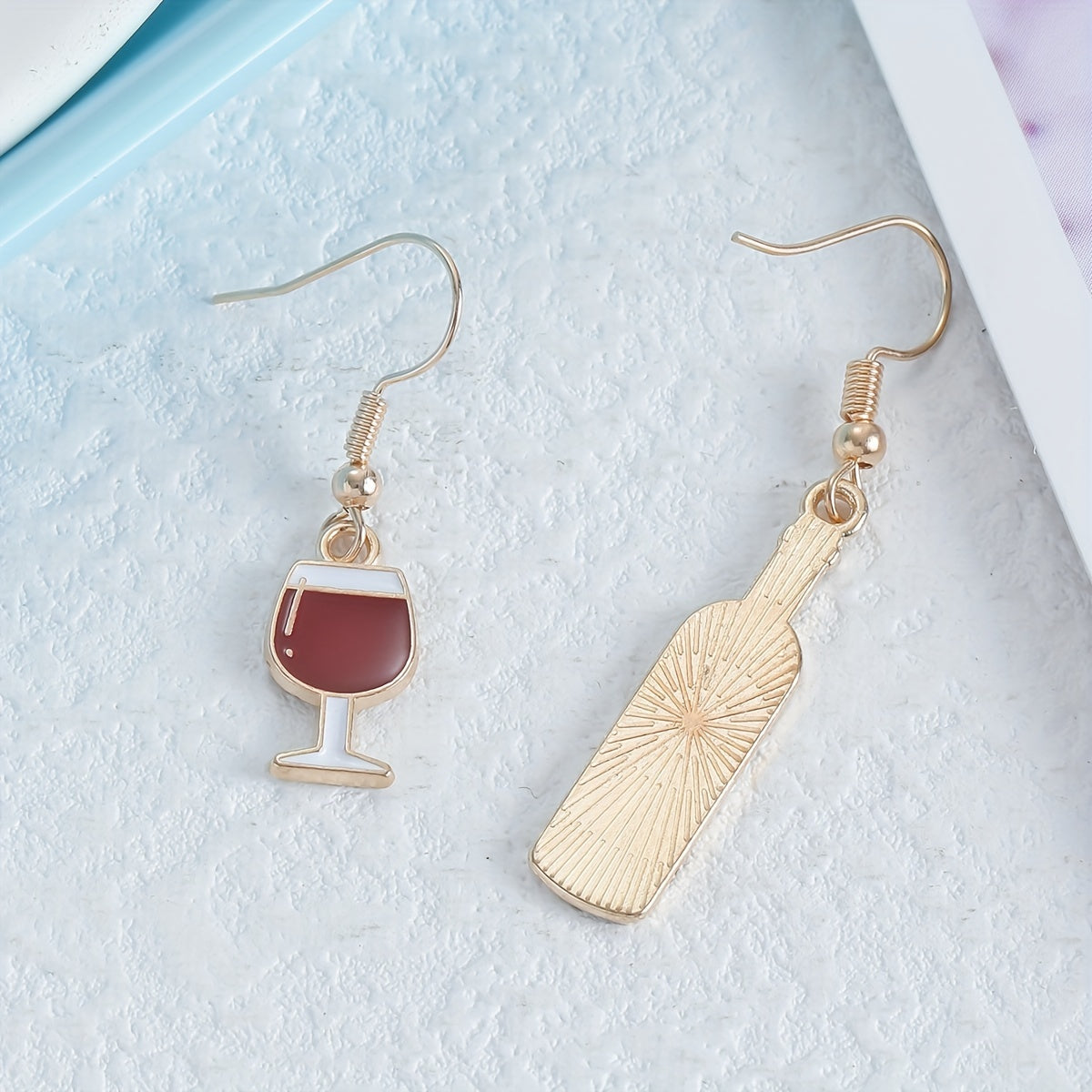 Asymmetric Wine Bottle and Glass Dangle Earrings