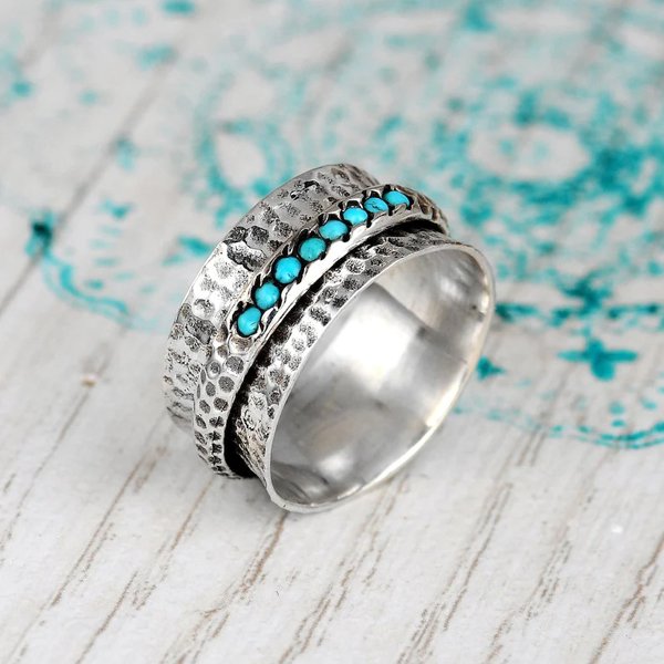 Hammered Silver-Plated Turquoise Spinner Ring