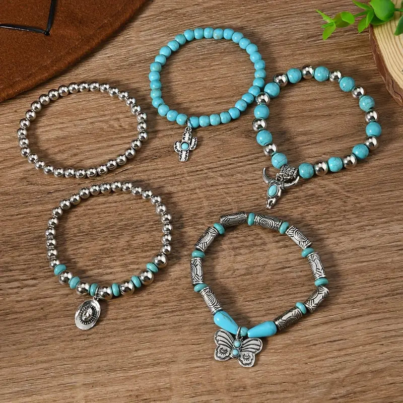 Turquoise Bead Bracelet Set with Charms