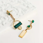 Green Stone Asymmetric Drop Earrings in Gold Tone