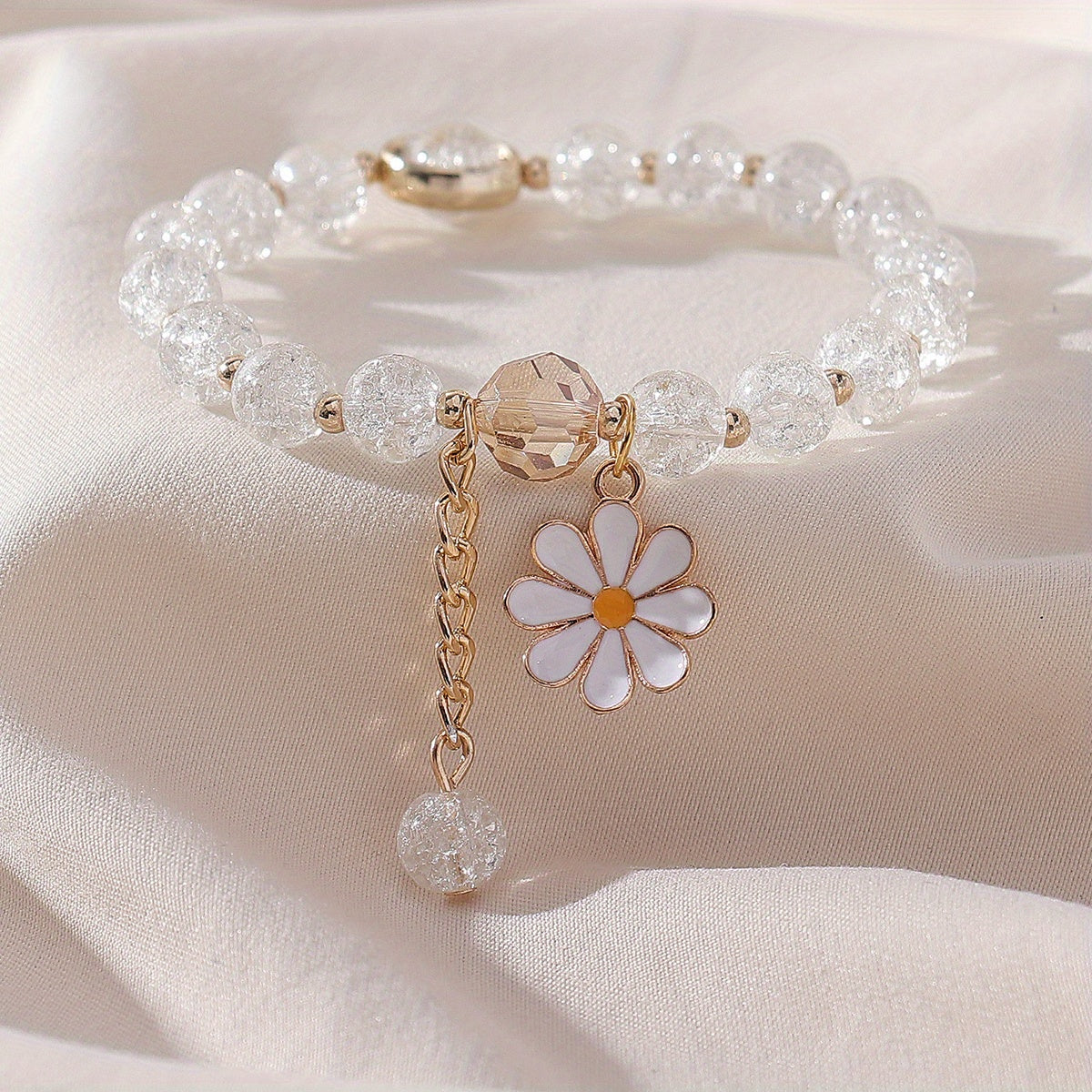 Crackle Glass Bead Bracelet with Daisy Pendant