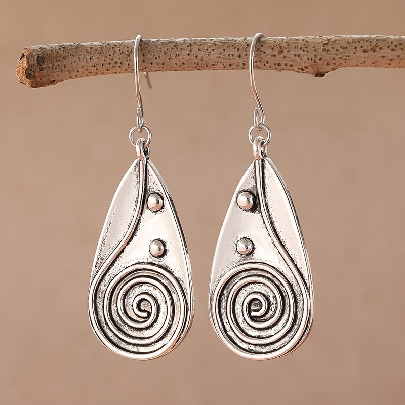 Vintage Spiral Teardrop Sun Silver-Plated Earrings