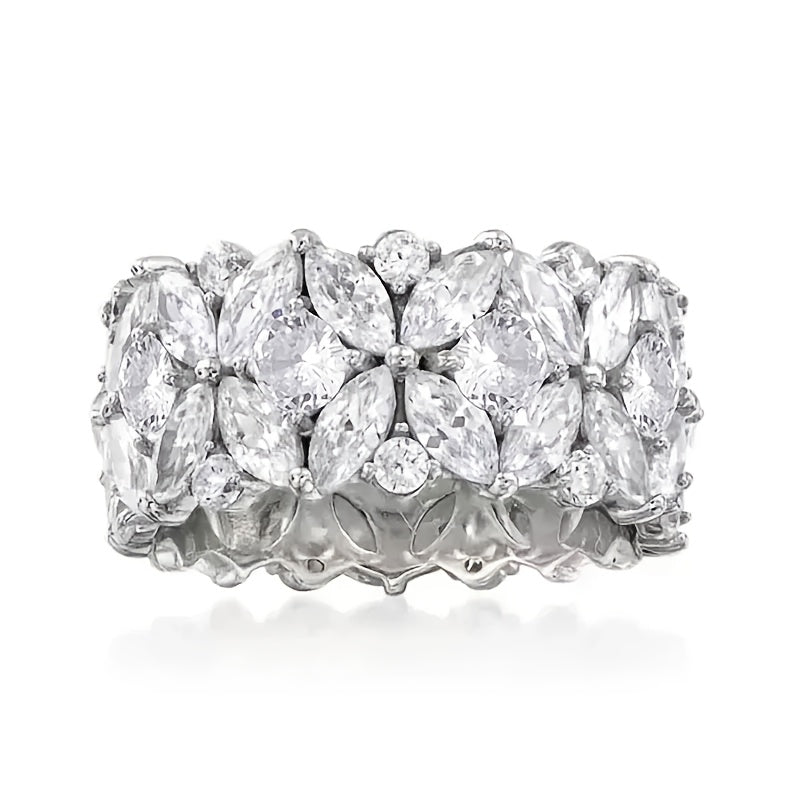 Brede ring met zirkonia bloemencluster in diamantlook