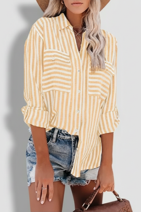 Striped Button-Front Blouse with Chest Pockets
