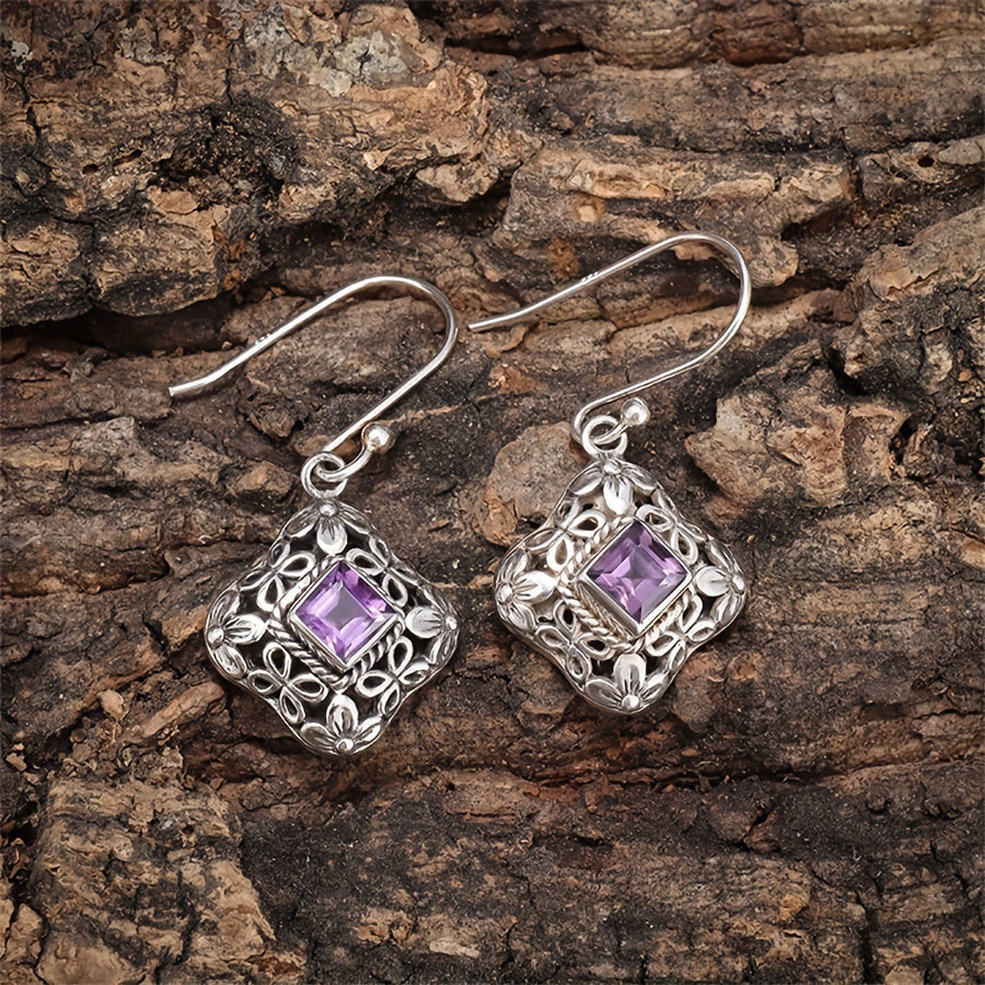 Brincos Pendentes Vintage em Filigrana Floral com Zircónias Roxas