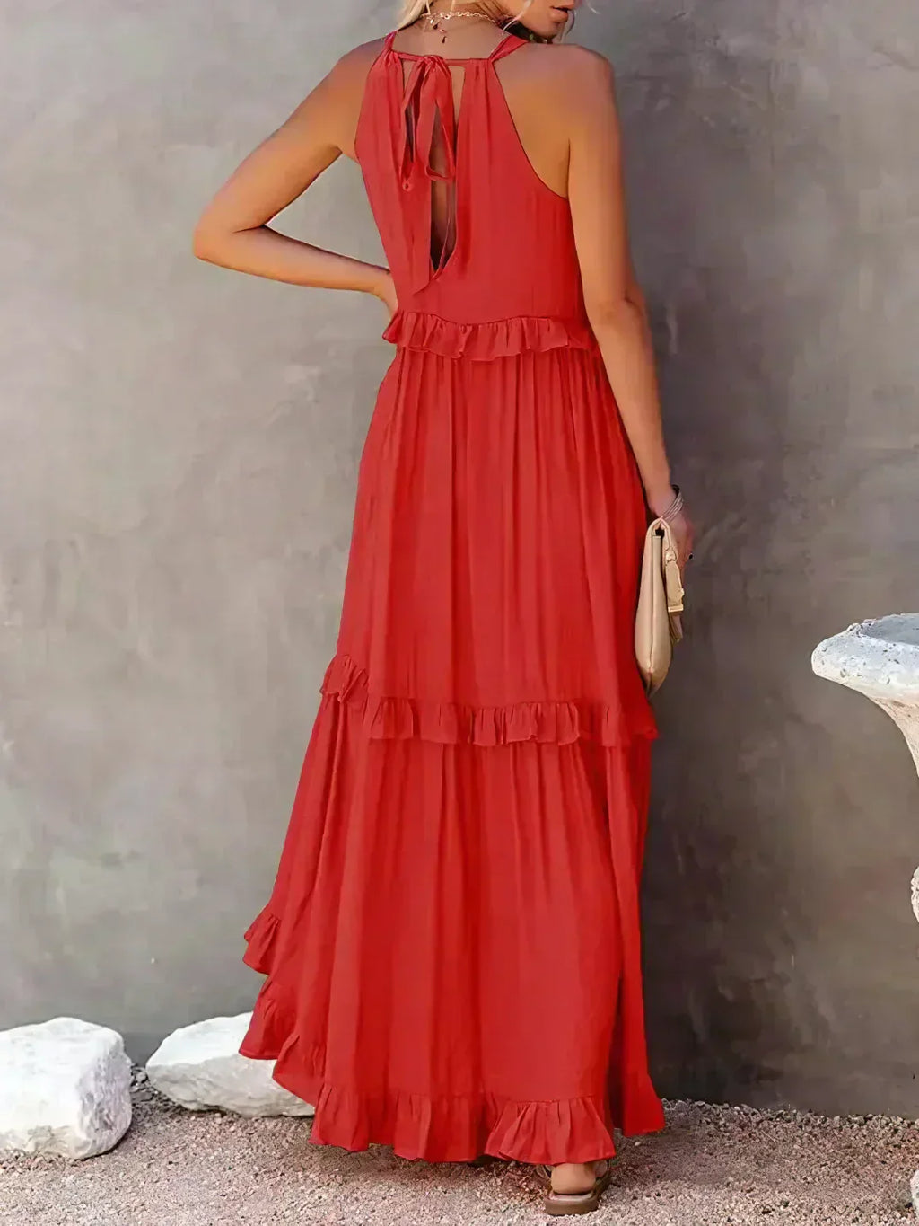 Sleeveless Halter Tiered Ruffle Maxi Dress