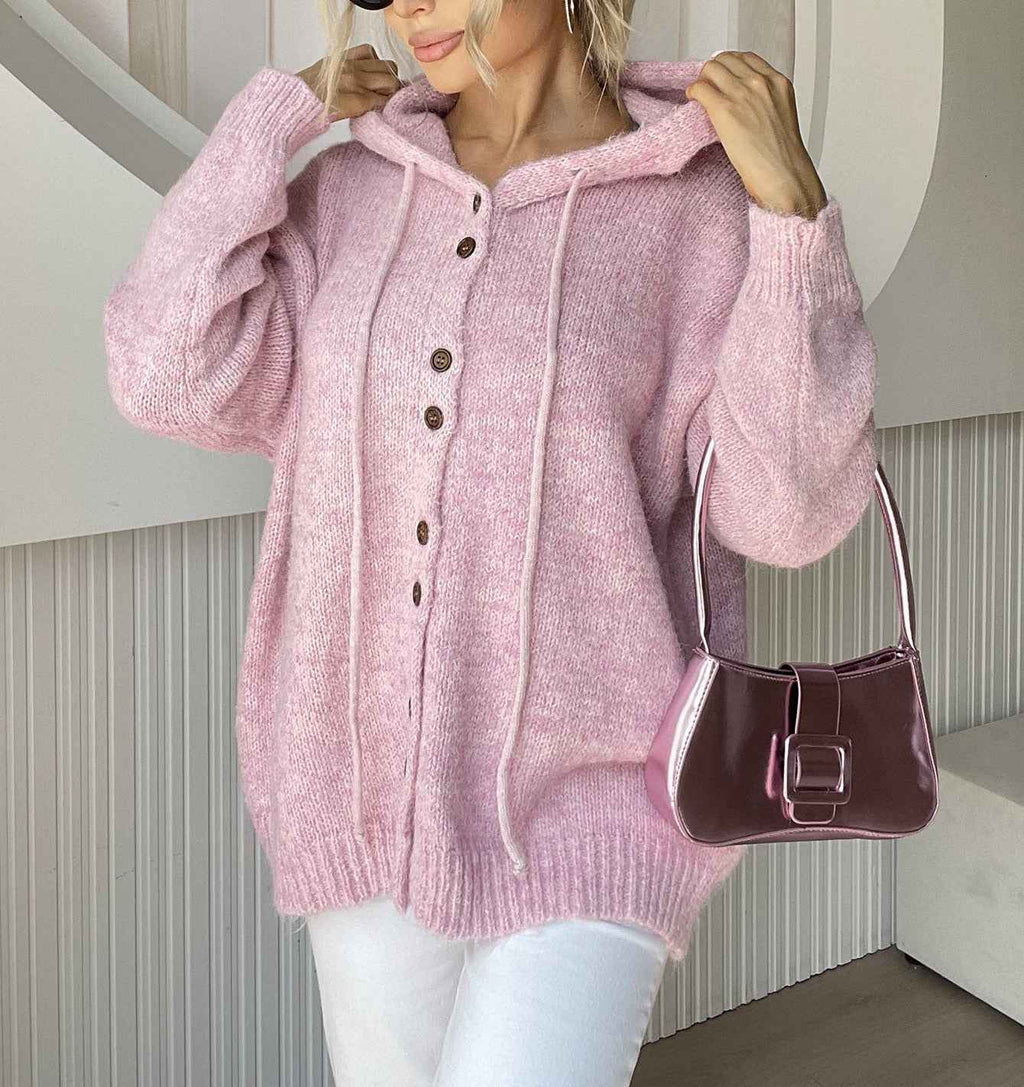 Hooded Knit Cardigan with Drawstring and Button Front