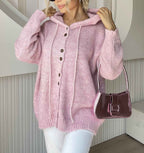Hooded Knit Cardigan with Drawstring and Button Front