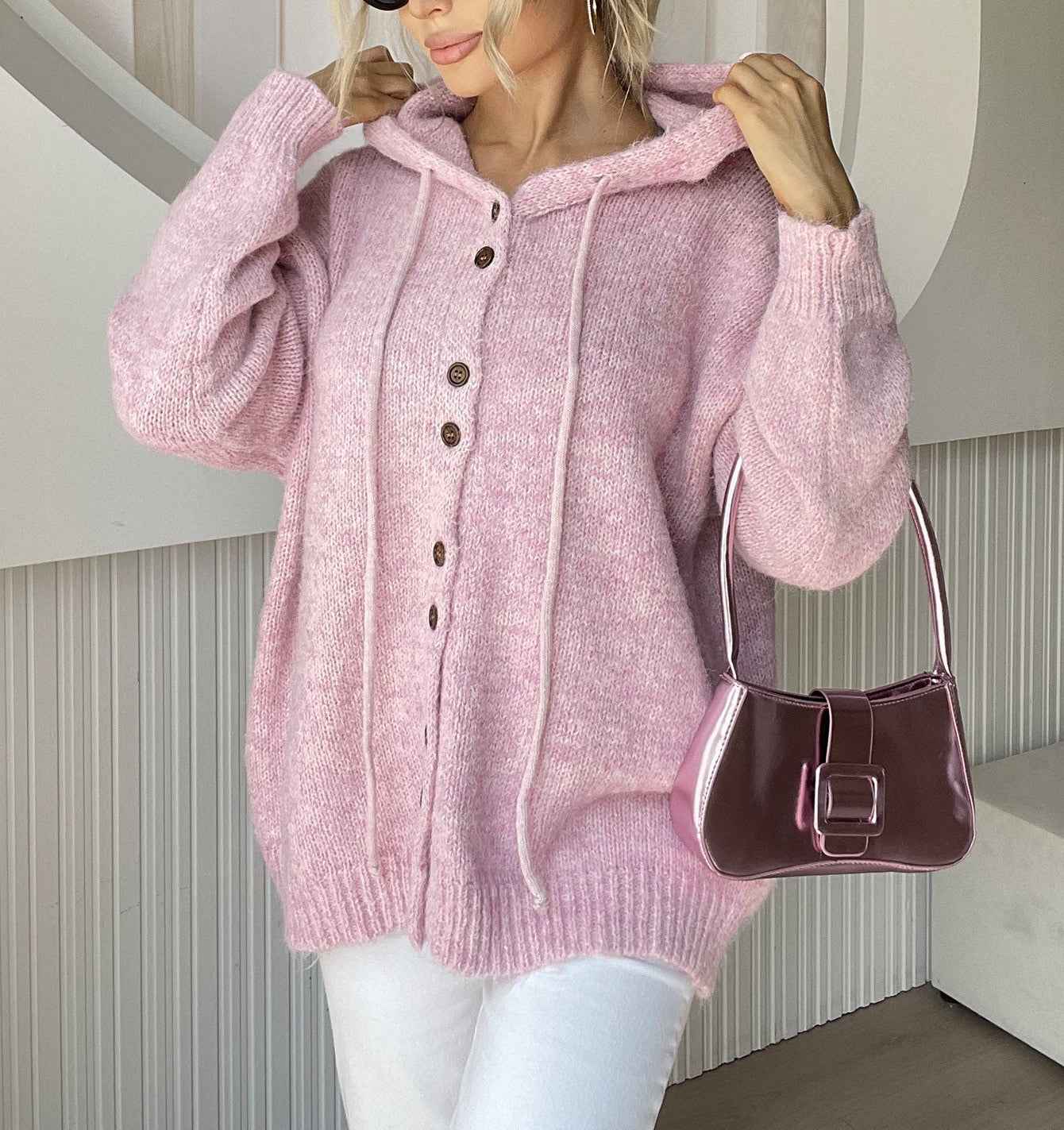 Hooded Knit Cardigan with Drawstring and Button Front