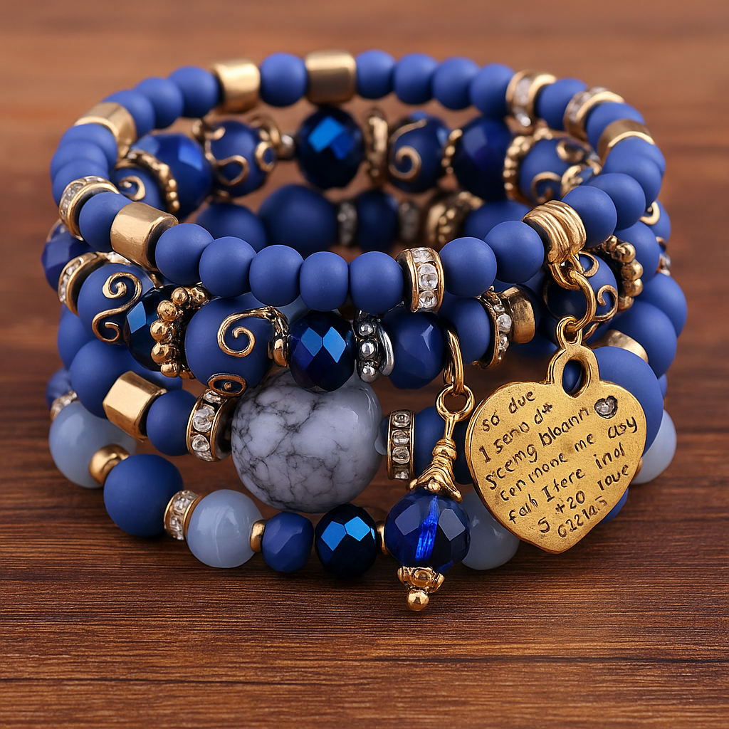Blue Bead Stretch Bracelet Set with Heart Charm