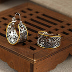 Vintage Two-Tone Hand-Carved Bohemian Hoop Earrings