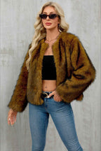 Cropped Plush Cardigan with Crew Neck and Long Sleeves