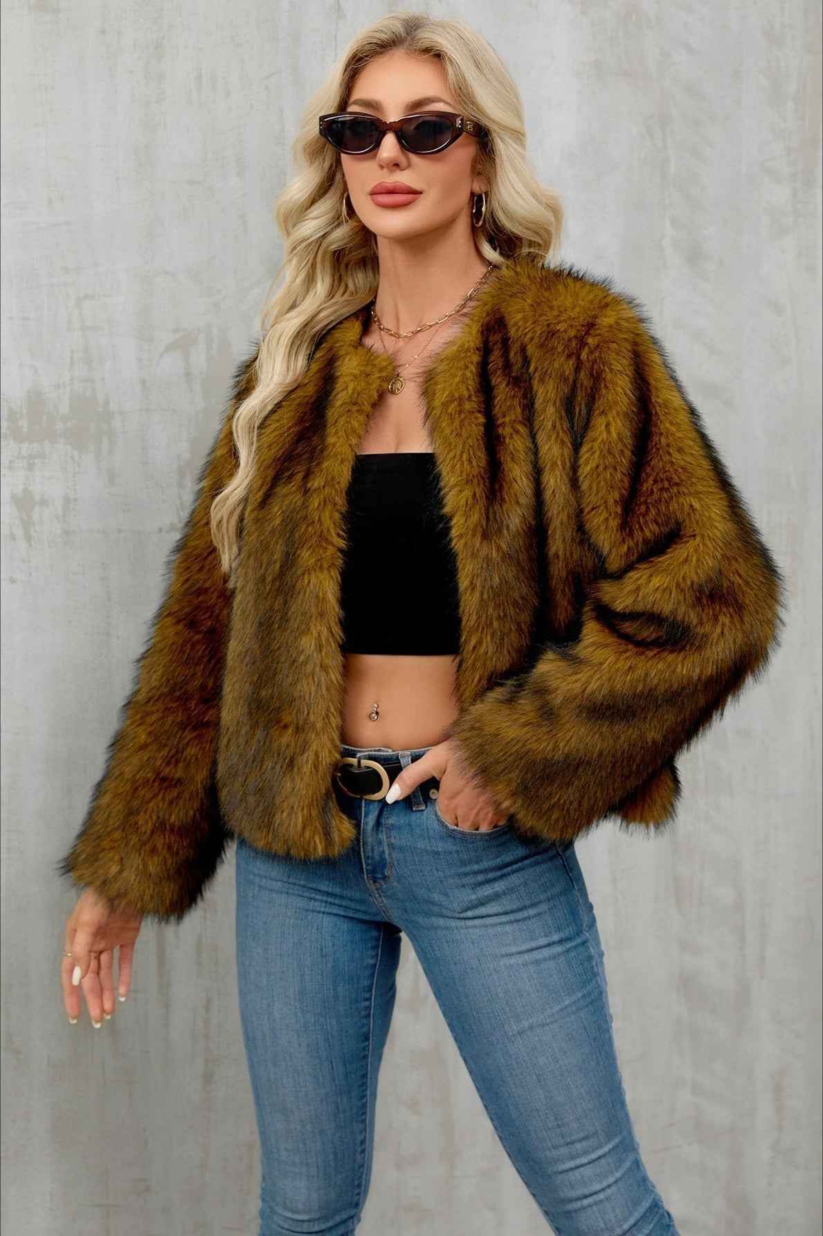 Cropped Plush Cardigan with Crew Neck and Long Sleeves
