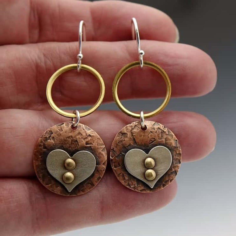 Rustic Textured Mixed-Metal Circle and Heart Dangle Earrings