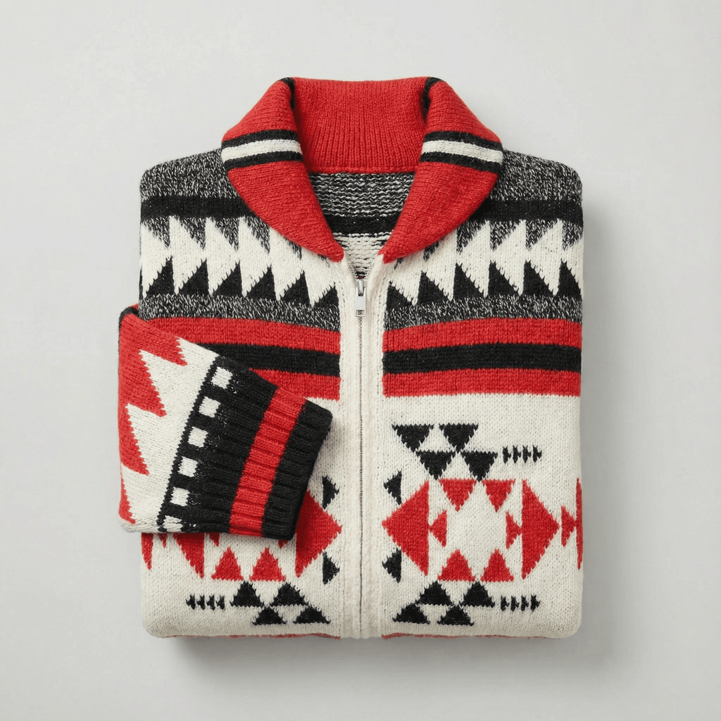 Geometric Pattern Knit Cardigan with Full-Length Zip