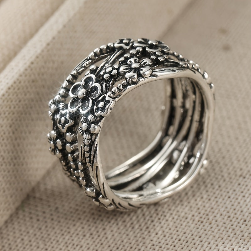 Vintage-Style Carved Floral Branches and Leaf Twist Band Ring