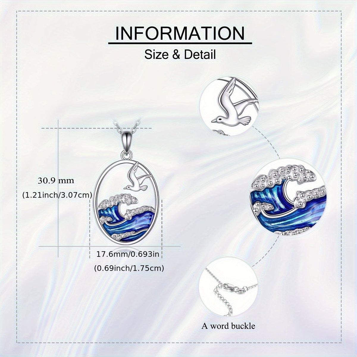 Zilverkleurige ketting met hanger met oceaangolf en meeuw