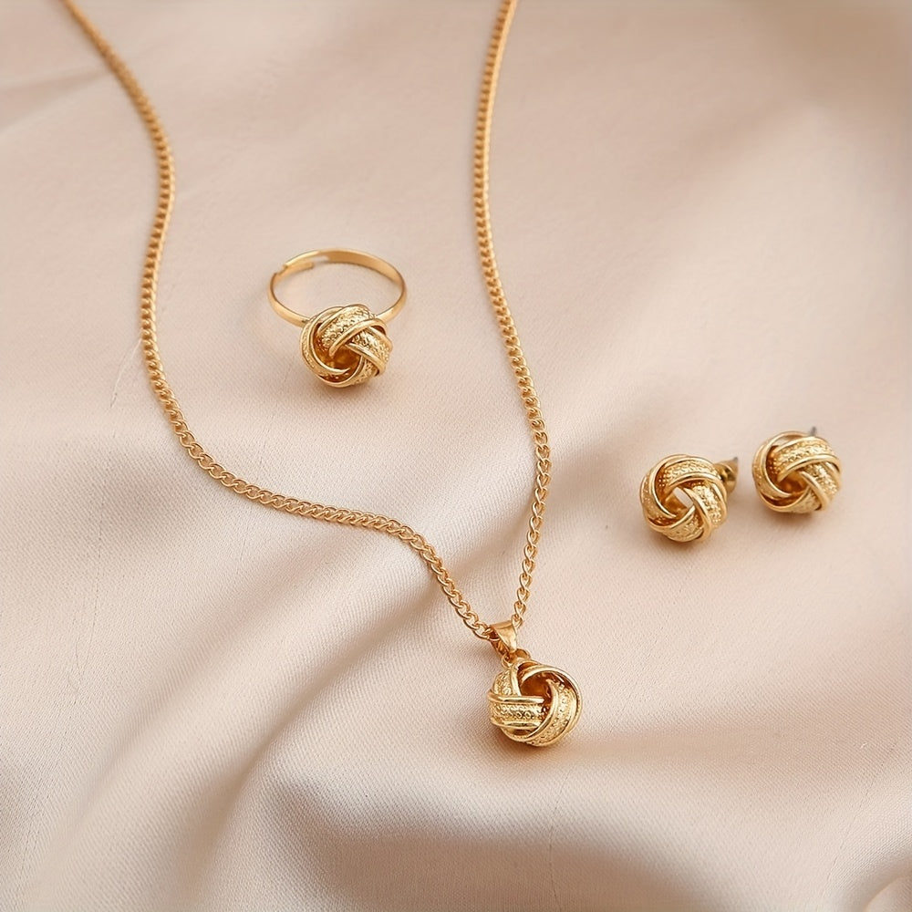 Hollow Knotted 3D Round Ring, Earrings and Necklace Set