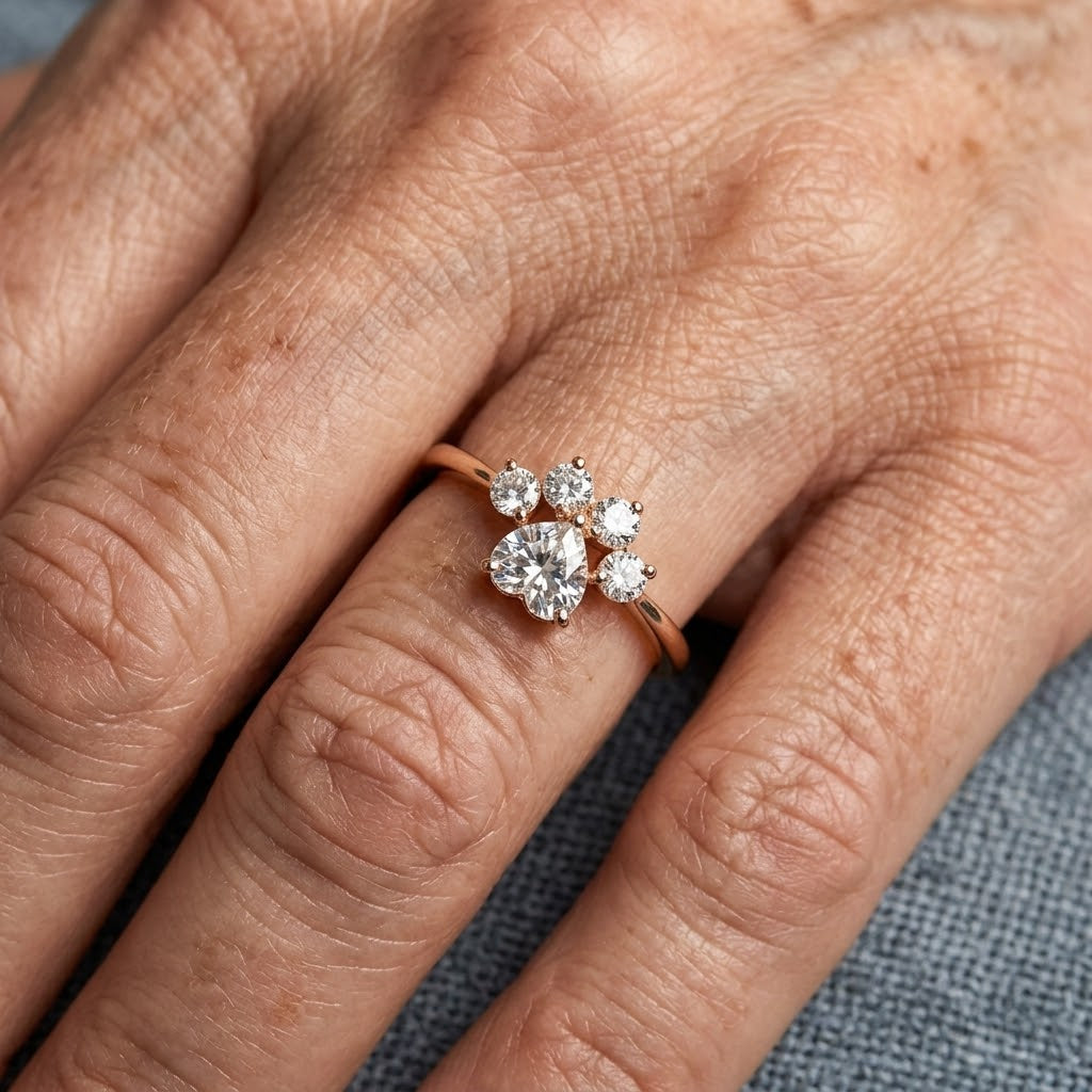 Delicate Paw Print Ring with Zirconia in Rose Gold Tone