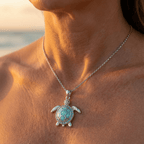 Silver-Tone Turtle Necklace with Turquoise Opal-Look Inlay